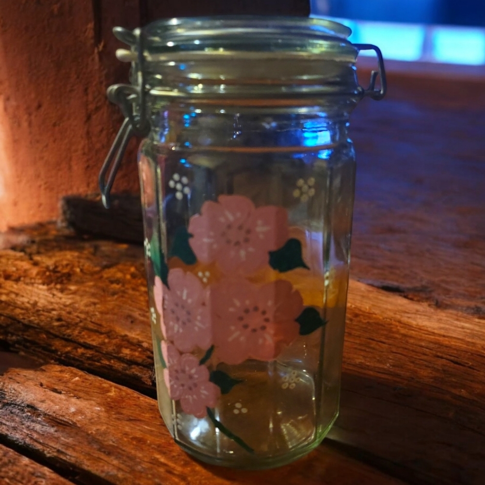 Vtg Sealing Clear Glass Pink Flower 🌸  Hand Painted Apothecary Canister Jar